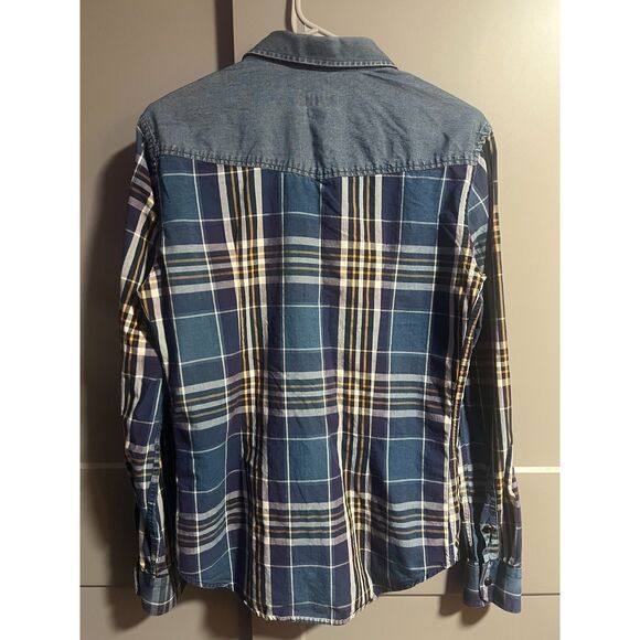Zara Man Long Sleeve Snap Button Up Chambray Denim/Plaid Blue Medium Western - Picture 2 of 5